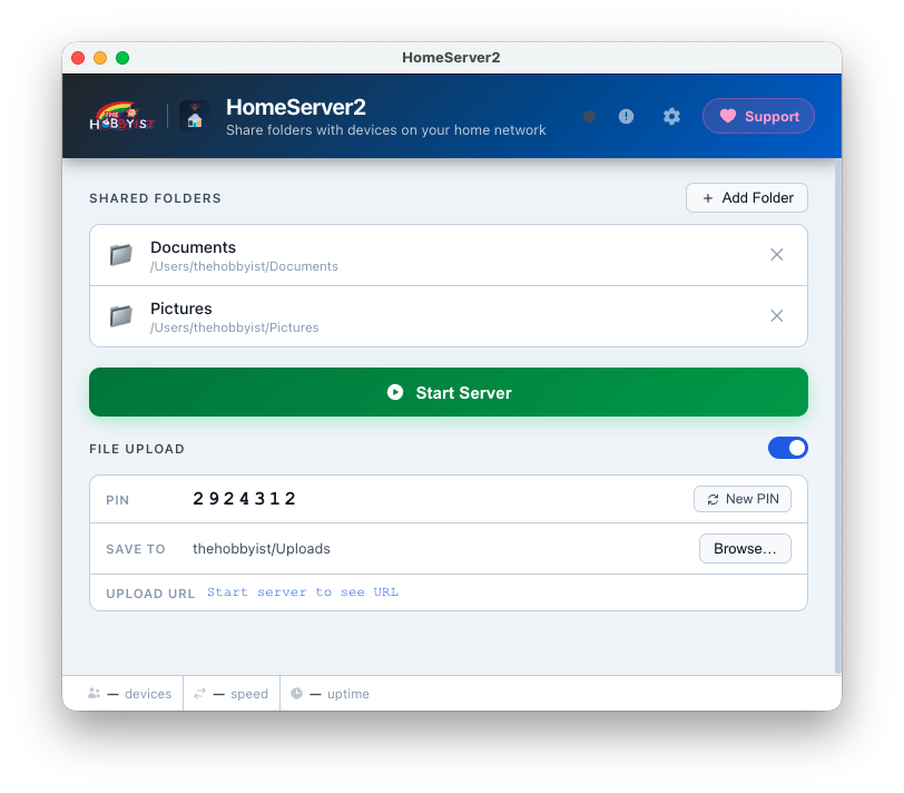 Set PIN and upload destination
